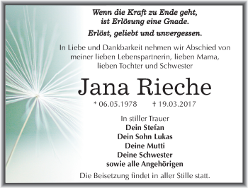 Traueranzeige von Jana Rieche von Mitteldeutsche Zeitung Dessau-Roßlau