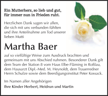 Traueranzeige von Martha Baer von Super Sonntag Wittenberg