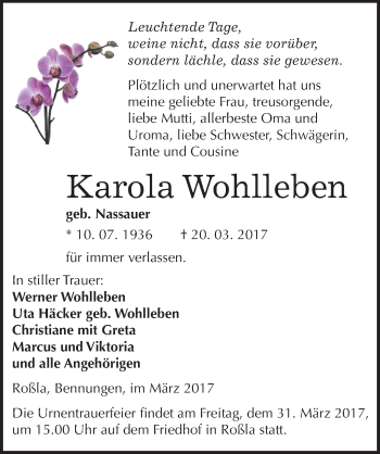Traueranzeige von Karola Wohlleben von Mitteldeutsche Zeitung Sangerhausen