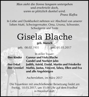 Traueranzeige von Gisela Blache von Mitteldeutsche Zeitung Aschersleben