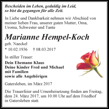 Traueranzeige von Marianne Hempel-Koch von Super Sonntag SGH Mansf. Land