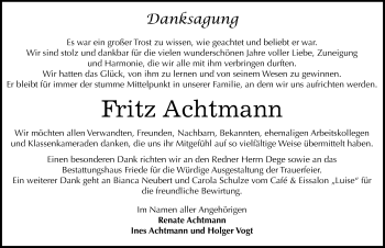 Traueranzeige von Fritz Achtmann von Mitteldeutsche Zeitung Dessau-Roßlau