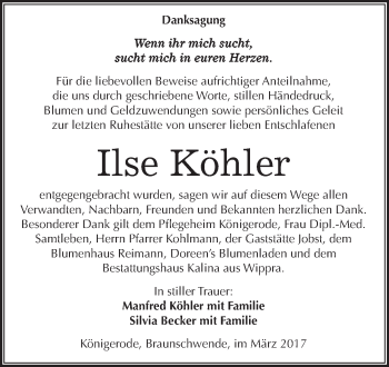 Traueranzeige von Ilse Köhler von Super Sonntag Quedlinburg