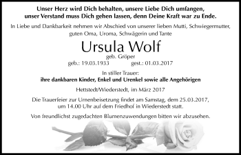Traueranzeige von Ursula Wolf von Mitteldeutsche Zeitung Mansfelder Land