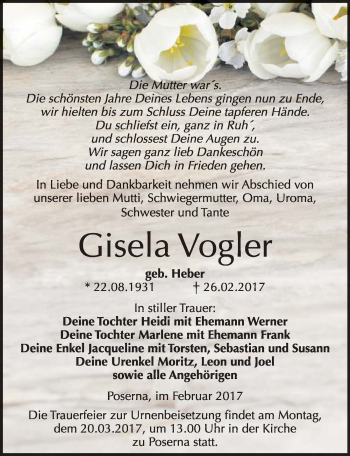 Traueranzeige von Gisela Vogler von Mitteldeutsche Zeitung Weißenfels
