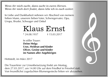 Traueranzeige von Klaus Ernst von Mitteldeutsche Zeitung Mansfelder Land