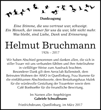 Traueranzeige von Helmut Bruchmann von Mitteldeutsche Zeitung Quedlinburg