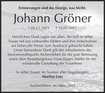 Traueranzeige von Johann Gröner von Super Sonntag SGH Mansf. Land