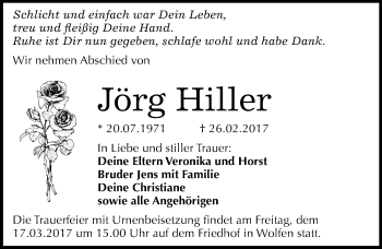 Traueranzeige von Jörg Hiller von Mitteldeutsche Zeitung Bitterfeld