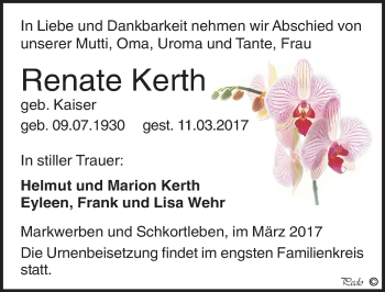 Traueranzeige von Renate Kerth von Mitteldeutsche Zeitung Weißenfels