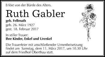 Traueranzeige von Ruth Gabler von Mitteldeutsche Zeitung Halle/Saalkreis