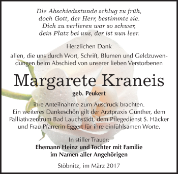 Traueranzeige von Margarete Kraneis von Mitteldeutsche Zeitung Merseburg/Querfurt
