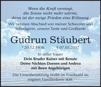 Traueranzeige von Gudrun Stäuben von Mitteldeutsche Zeitung Bitterfeld