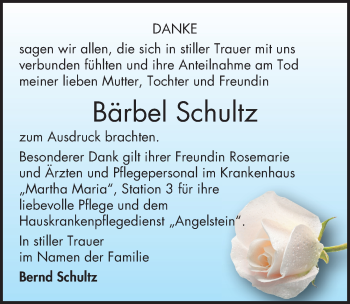 Traueranzeige von Bärbel Schultz von Mitteldeutsche Zeitung Halle/Saalkreis