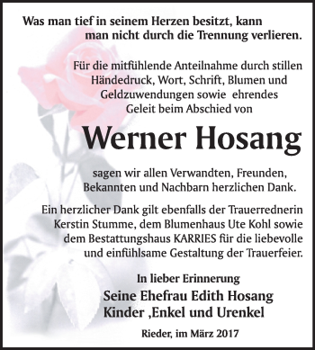 Traueranzeige von Werner Hosang von Super Sonntag Quedlinburg