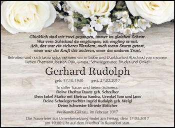 Traueranzeige von Gerhard Rudolph von WVG - Wochenspiegel Dessau / Köthen