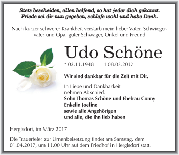 Traueranzeige von Udo Schöne von Mitteldeutsche Zeitung Mansfelder Land