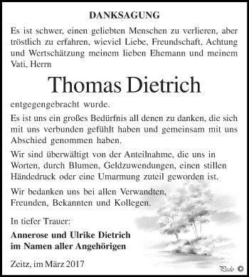 Traueranzeige von Thomas Dietrich von Super Sonntag Zeitz