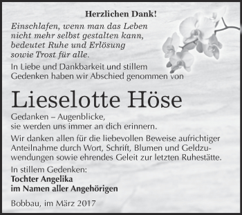 Traueranzeige von Lieselotte Höse von WVG - Wochenspiegel Bitterfeld