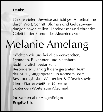 Traueranzeige von Melanie Amelang von Mitteldeutsche Zeitung Bernburg