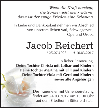 Traueranzeige von Jacob Reichert von Mitteldeutsche Zeitung Bitterfeld