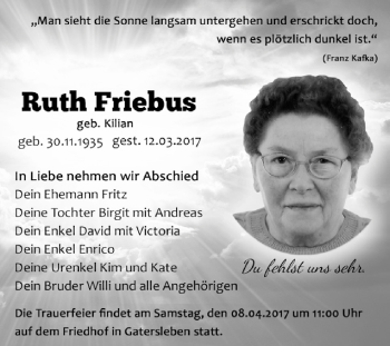 Traueranzeige von Ruth Friebus von Super Sonntag SGH Mansf. Land