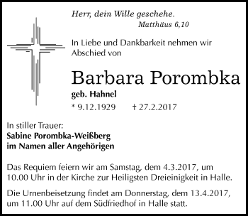 Traueranzeige von Barbara Porombka von Mitteldeutsche Zeitung Halle/Saalkreis