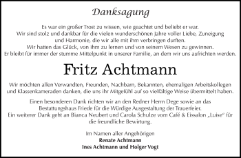 Traueranzeige von Fritz Achtmann von WVG - Wochenspiegel Dessau / Köthen
