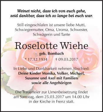 Traueranzeige von Roselotte Wiehe von Mitteldeutsche Zeitung Köthen