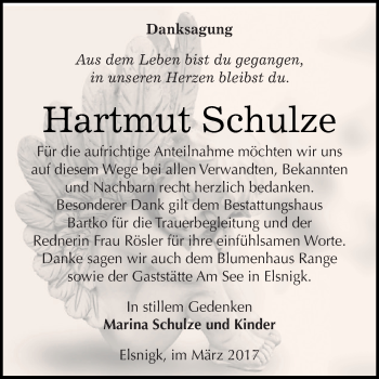 Traueranzeige von Hartmut Schulze von WVG - Wochenspiegel Dessau / Köthen