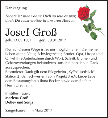 Traueranzeige von Josef Groß von Mitteldeutsche Zeitung Sangerhausen