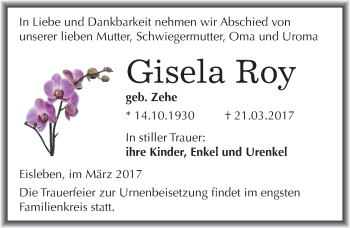 Traueranzeige von Gisela Roy von Mitteldeutsche Zeitung Mansfelder Land
