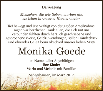 Traueranzeige von Monika Goede von Super Sonntag SGH Mansf. Land