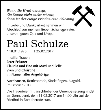 Traueranzeige von Paul Schulze von Mitteldeutsche Zeitung Sangerhausen