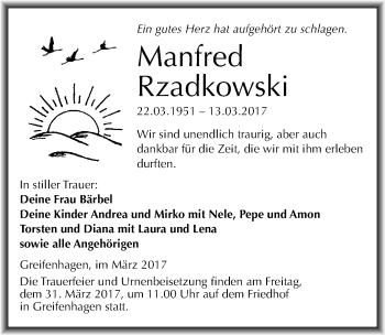 Traueranzeige von Manfred Rzadkowski von Mitteldeutsche Zeitung Mansfelder Land