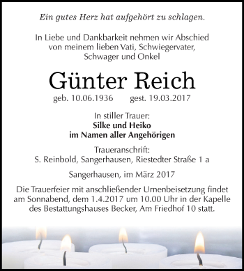 Traueranzeige von Günter Reich von Super Sonntag SGH Mansf. Land