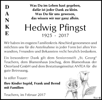 Traueranzeige von Hedwig Pfingst von Mitteldeutsche Zeitung Weißenfels