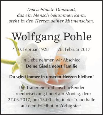 Traueranzeige von Wolfgang Pohle von WVG - Wochenspiegel Bitterfeld