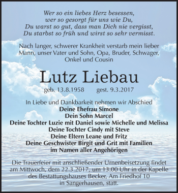 Traueranzeige von Lutz Liebau von Mitteldeutsche Zeitung Sangerhausen