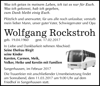 Traueranzeige von Wolfgang Rockstroh von Mitteldeutsche Zeitung Sangerhausen