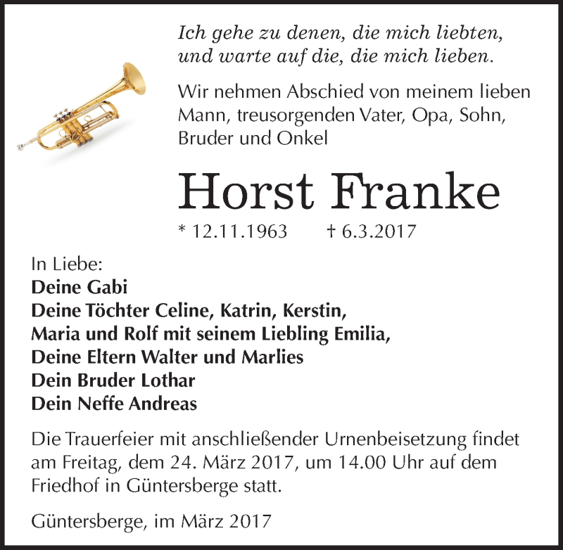  Traueranzeige für Horst Franke vom 11.03.2017 aus Mitteldeutsche Zeitung Quedlinburg