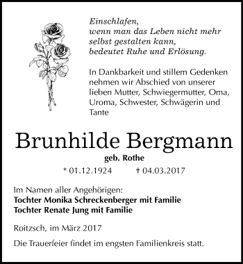 Traueranzeige von Brunhilde Bergmann von Mitteldeutsche Zeitung Bitterfeld