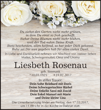 Traueranzeige von Liesbeth Rosenau von Mitteldeutsche Zeitung Wittenberg