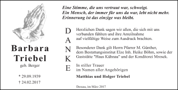 Traueranzeige von Barbara Triebel von WVG - Wochenspiegel Dessau / Köthen