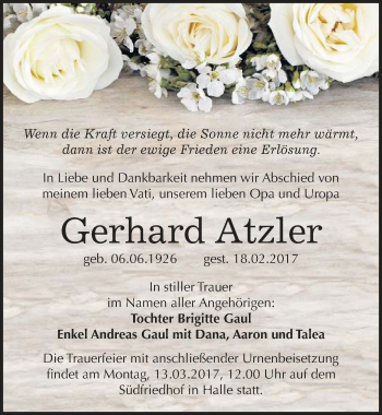 Traueranzeige von Gerhard Atzler von Mitteldeutsche Zeitung Halle/Saalkreis
