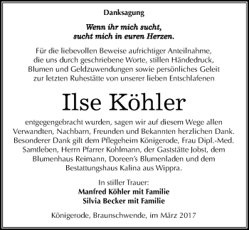 Traueranzeige von Ilse Köhler von Mitteldeutsche Zeitung Quedlinburg