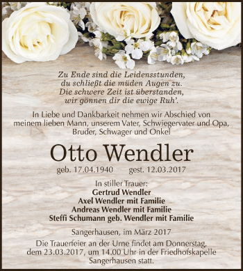 Traueranzeige von Otto Wendler von Super Sonntag SGH Mansf. Land