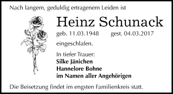 Traueranzeige von Heinz Schunack von Mitteldeutsche Zeitung Halle/Saalkreis