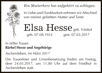 Traueranzeige von Elsa Hesse von Super Sonntag SGH Mansf. Land