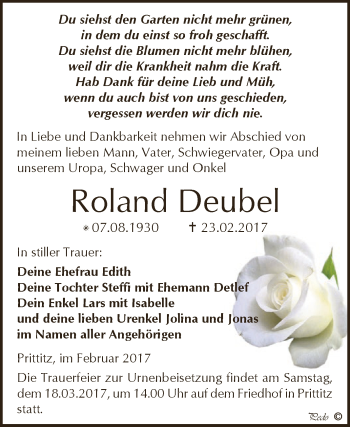 Traueranzeige von Roland Deubel von WVG - Wochenspiegel NMB / WSF / ZTZ